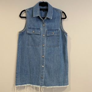 Long Oversized Denim Vest with Frayed Bottom